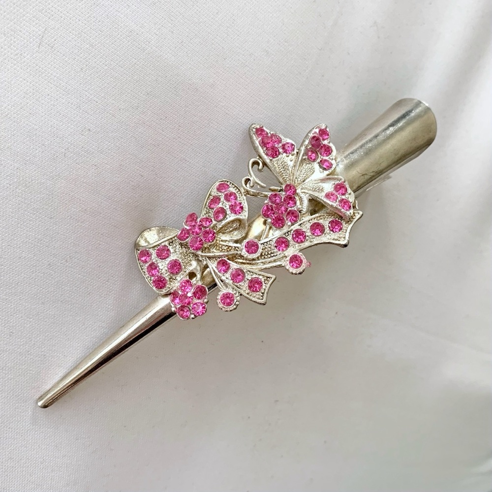 Pink Rhinestone Hair Clip Jewel Bow Butterfly Y2K Prom Coquette Barbie Wedding
